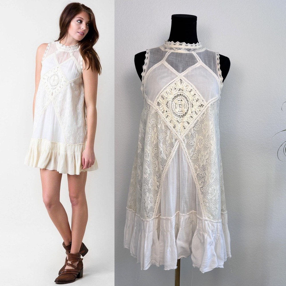 Free People FP One Angel Lace Dress, Size Small Ivory White Mini boho Romantic